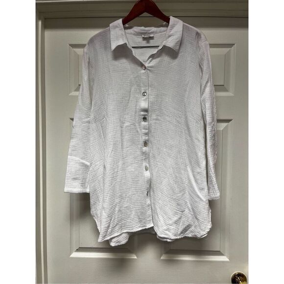 Toofan White Gauze Lagenlook Mother of Pearl Back Button Tunic Shirt sz 1X NWT - Picture 1 of 9